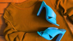 Womens clothing, footwear (blue blouse, leather terracotta shoe